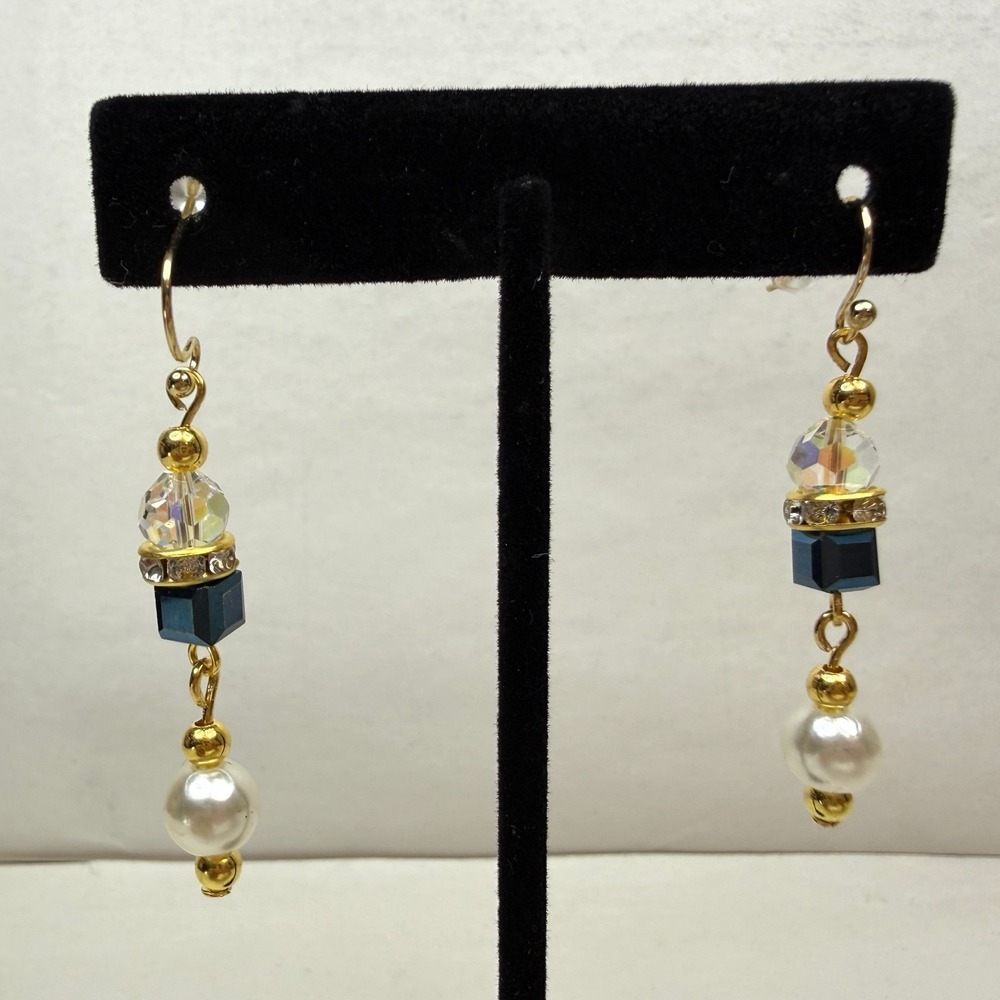 18K Gold Plated Hook Crystal Faux Pearl Dangle Drop Earring Rhinestone Rondelle